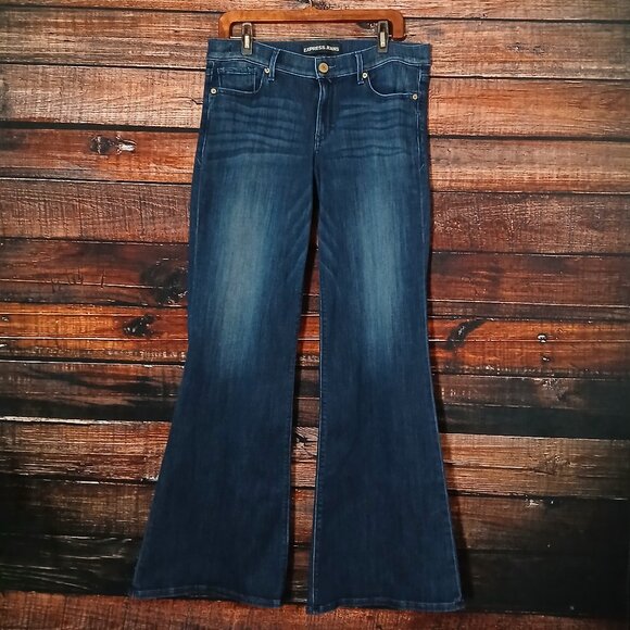 Express Jeans 12 Wide Leg Flare Dark Wash Blue Denim Stretch READ - Picture 2 of 8